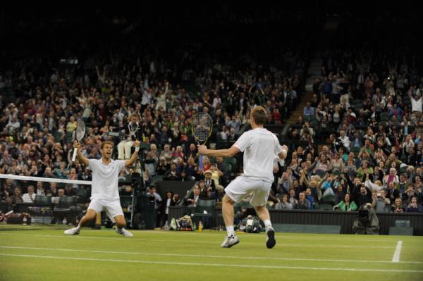 Wimbledon's tweet photo. Marray &amp; Nielsen celebrate winning match point in the men's doubles final. #Wimbledon http://t.co/NnIPqrfA