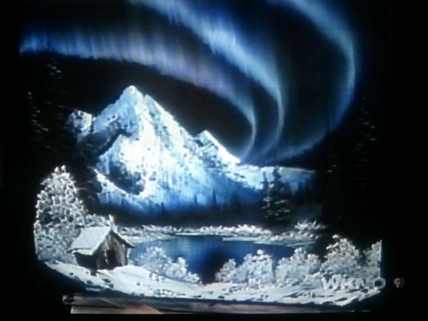 TCMLLC's tweet photo. Bob Ross Northern Lights painting.  "And we'll just drop in a happy little cabin here.." #TheJoysOfPainting http://t.co/TXUlFw1i