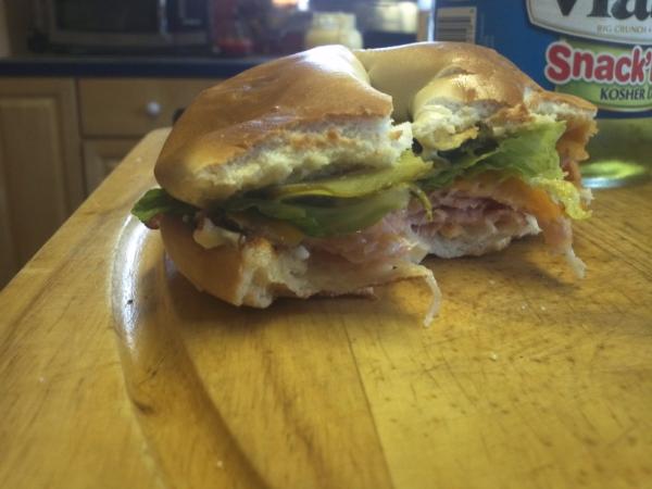 cheeseshepherd's tweet photo. My Canadian Bacon makes one helluva bagel sandwich! http://t.co/WPexD29L