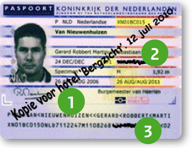 Voorkom ID-fraude! Kopie ID inleveren? 1.Schrijf erop voor wie, 2+3. Streep BSN-nr door én 4. Help elkaar met een RT!