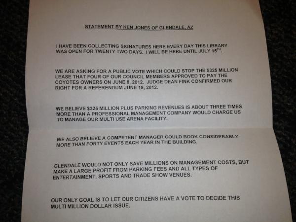 LisaHalverstadt's tweet photo. Here's the statement #Coyotes referendum organizer Ken Jones passed out before the press conference. http://t.co/S3tzRjFL