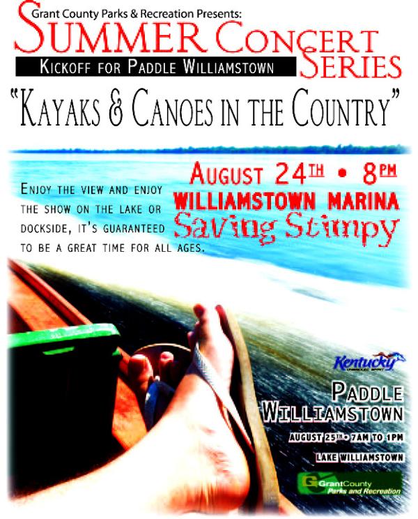 WilliamstownKY's tweet photo. August 24th at 8 PM - Saving Stimpy will play at Williamstown Marina. 
Kick off for Paddle Williamstown (August 25) http://t.co/hkWBOG1v