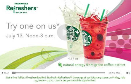 ShaneStewartSF's tweet photo. Stop by Starbucks this Friday from Noon-3pm and try their new Refreshers drinks for FREE! They are delicious! http://t.co/BMGbyuBI
