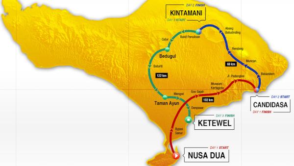 Rute Kompas Bali Bike 2012 yang akan dilalui peserta selama 3 hari. Lihat bali-bike.kompas.com/route.html untuk lebih lengkapnya.