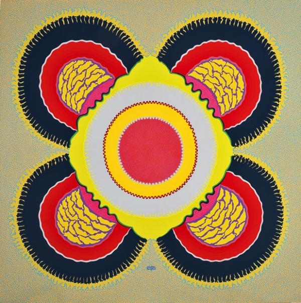DIALOG WITH THE SUN by Giustino De Santis. A broad acrylic canvas/ 170x170 centimeters/ about symmetry and brightness.
