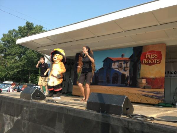 Our hosts Kevin and Zaynab giving out instructions for Puss in Boots meet &amp; greet at Bloor West Toronto.