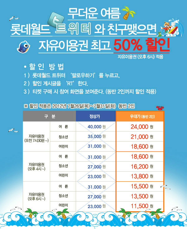 happylotteworld's tweet photo. [롯데월드 트위터와 친구하면 자유이용권★50%할인★]롯데월드를 '팔로우'하고 게시글을 RT해주세요~매표시 RT화면을 보여주면 자유이용권 최대50%할인OK! 친구맺고 롯데월드 알뜰하게이용하세요(~7/31) http://t.co/Mp9noJnz
