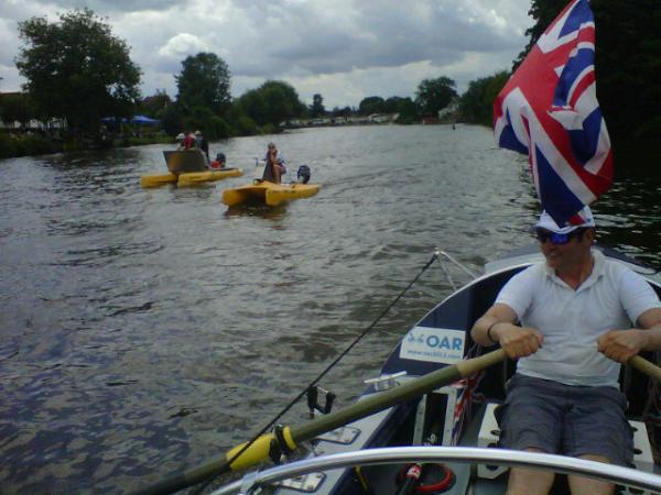 OAtlanticRow's tweet image. Accidentally on the course at staines regatta! Think Bojangles is taking the lead!!