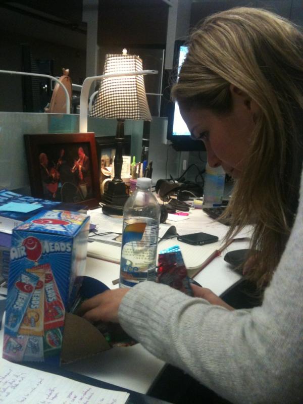brianbinghamCBS's tweet photo. @Jennasakwa digging for an airhead courtesy of @mollykord. the candy, of course. http://t.co/ryb3v7iz
