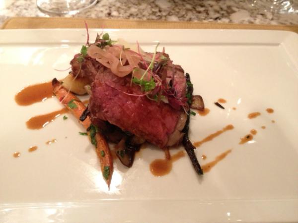 NPHFoodPorn's tweet photo. 5th Course: Aged Sirloin of Beef.  Roasted baby vegetables, forest mushrooms &amp; pickled shallots. Awesome. http://t.co/cVjNDDnN