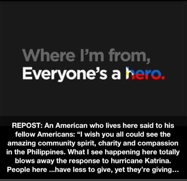 kristina's tweet photo. Everyone is a hero. RT @goddessofhomes Just want2share. This is truly moving.#FilipinoSpiritIsWaterproof @kc_concepcion http://t.co/WWEWYTyD