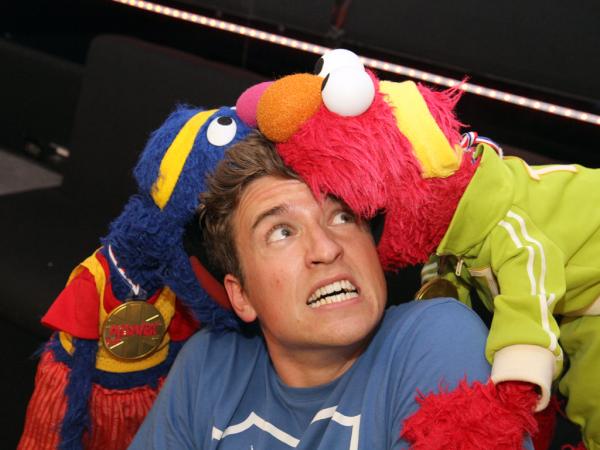 BBCR1's tweet image. Elmo &amp;amp; Grover, our best guests ever?! (No actual hairs on @gregjames' head were harmed during the taking of this photo)