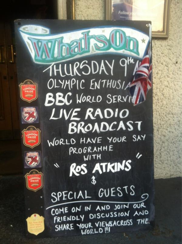 BBCRosAtkins's tweet photo. Not often we get our name pub sign! #bbclondoncalling is at 21g. Reeling from David #Rudisha. Need to talk abt that. http://t.co/UE7eP1Rl