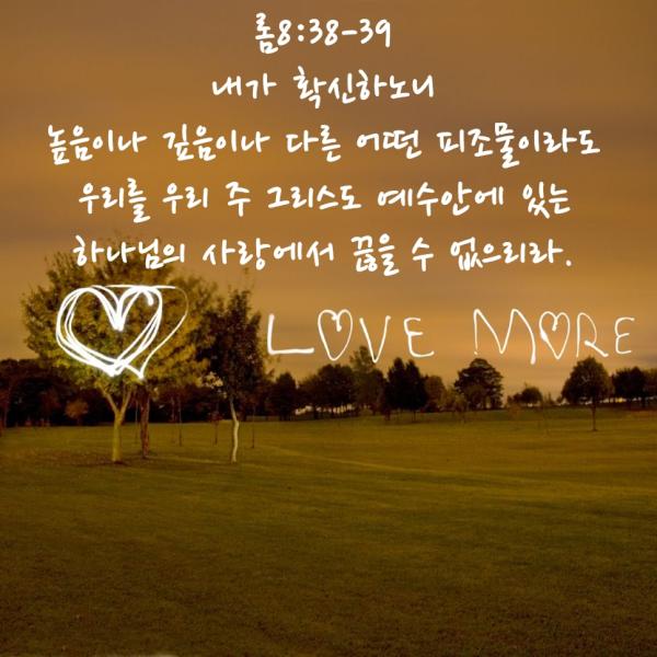 [오늘의 말씀]롬8:38-39 내가 확신하노니 높음이나 깊음이나 다른 어떤 피조물이라도 우리를 우리 주 그리스도 예수안에 있는 하나님의 사랑에서 끊을 수 없으리라.