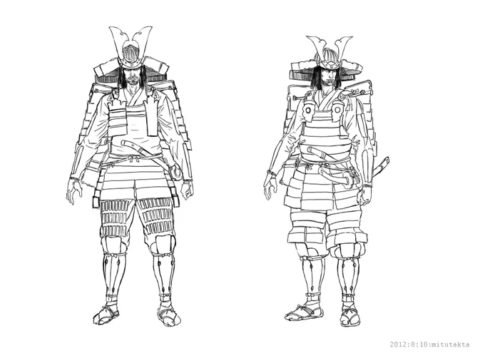 モデリング前のデザイン画。甲冑のディティールは省略。シルエットとか、どんなパーツ構成にするか定める為の絵。高まるう。 