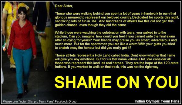 D3vi1_'s tweet photo. Here is a message to our sister who just Walk out with Indian team during the Walk out parade in Olympics.  #shameonyou http://t.co/E7wEKGTt