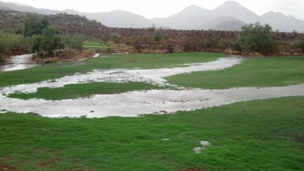 SunRidgeCanyon's tweet photo. With this heavy rain we've had some flooding out on the course. This picture taken on #8 green looking back at the tee. http://t.co/BbQkAg9c