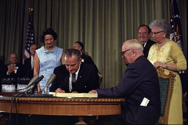 thinkprogress's tweet image. Today in 1965 President Johnson signed bill that created Medicare. Now Medicare helps 48M Americans get health care