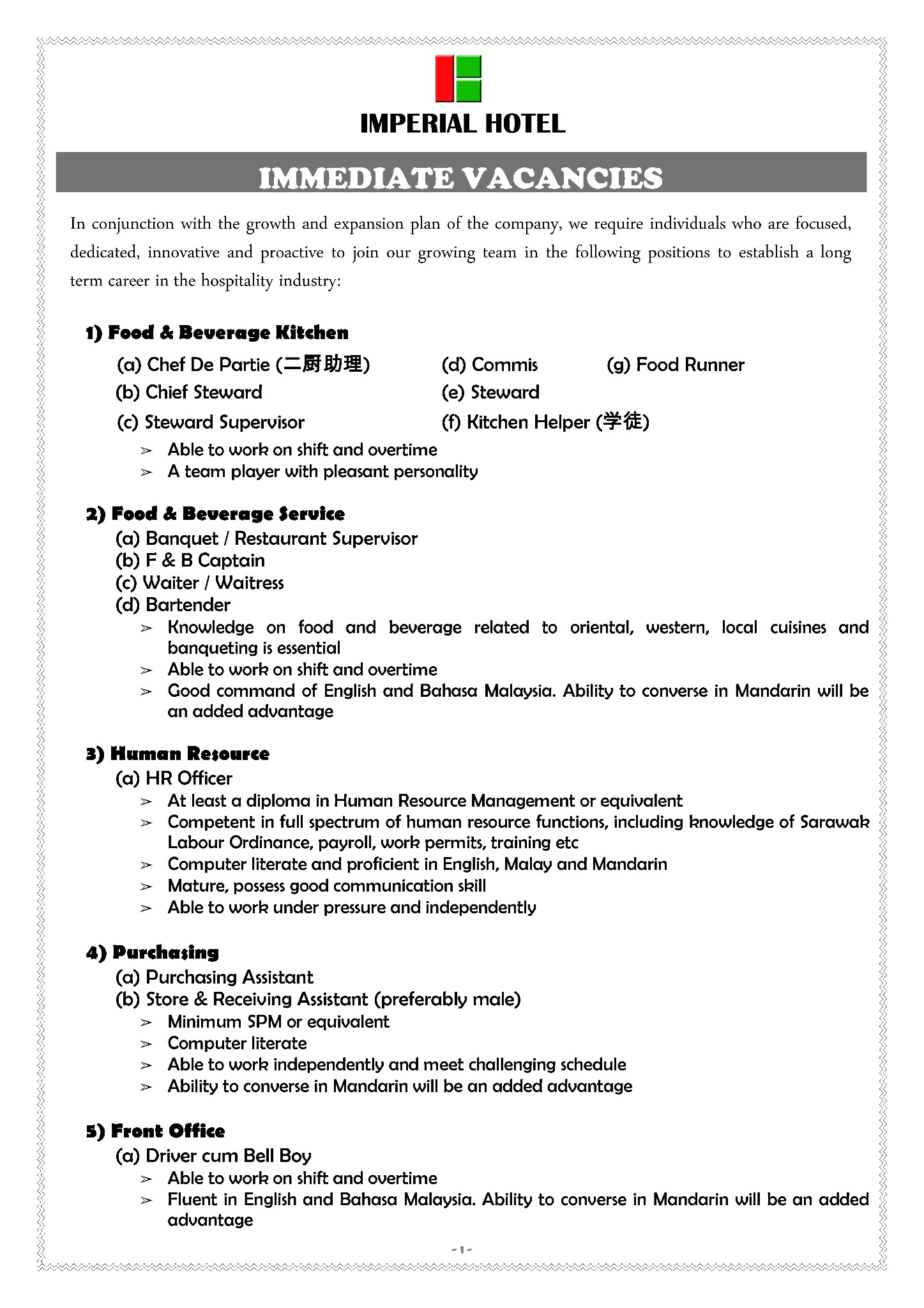 Imperial Hotel Miri On Twitter Immediate Vacancies At Imperial Hotel Miri Please Contact Hr Department At 085431133 Ext6163 Hrd Imperialhotelcom My Http T Co Zsylhsvf Twitter