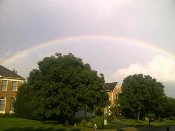EllenSVaughn's tweet photo. God is good.  Rainbow over the hood. http://t.co/eMlbWzYp
