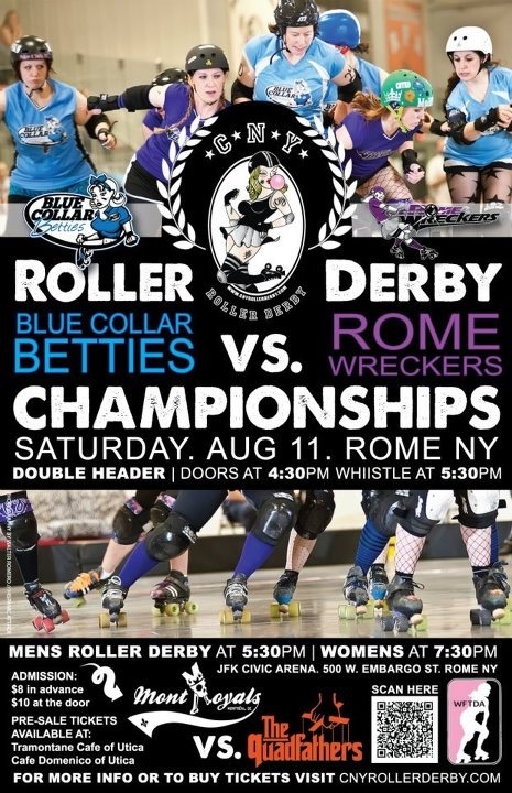 CNYRD's tweet photo. It's Championships Time! Betties vs Wreckers on 8/11- double header with @QuadFathers $8 presale tickets available http://t.co/aKeg7Fco