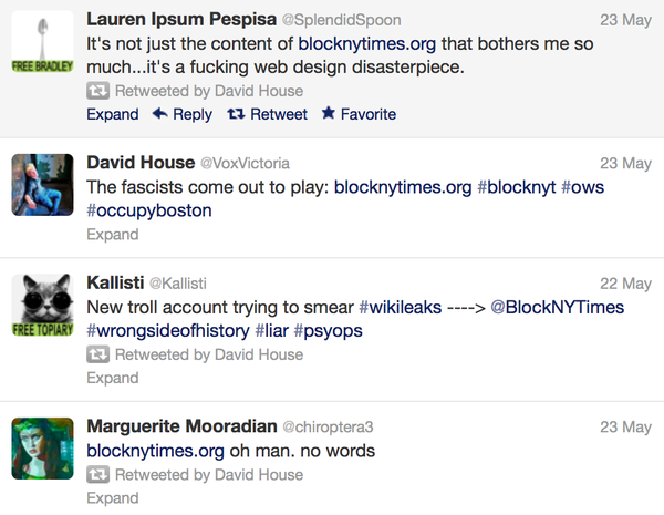 BlockNYTimes's tweet photo. @edpilkington @ioerror David House (@voxvictoria) has known about the prank since May 23. He was let in on it then. http://t.co/boPwU87l