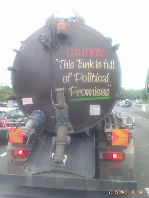 skarlos77's tweet image. Political promises - LIBDEM/TORY Lorry. Actual photo from Devon.Great sense of humor #politicalpromises