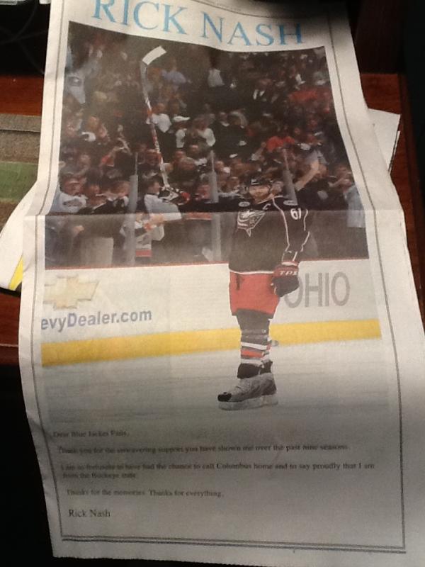 DMaetzMedia's tweet photo. Class move by Rick Nash, thanking #CBJ fans with full PGA ad in #dispatch http://t.co/0OmaDoDh