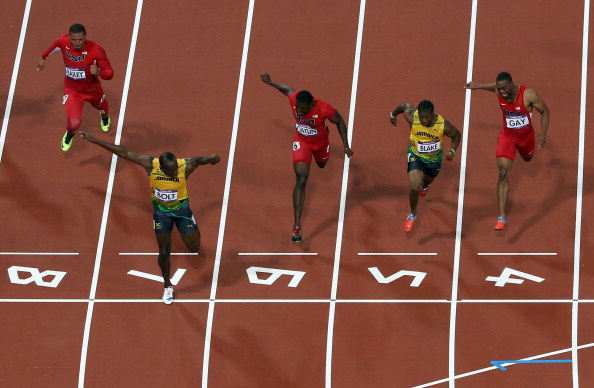 L2012StadiumCam's tweet photo. Bang! Boom! Speed! Gold! @UsainBolt sprints into history. #London2012 #OlympicStadium http://t.co/UMPRkVI8