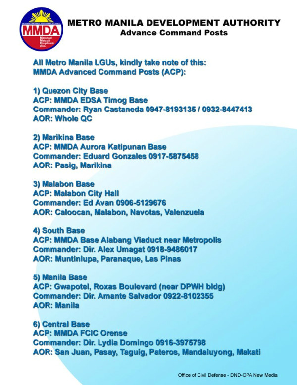 SONAHQ's tweet photo. MMDA Advance Command Post phone numbers: http://t.co/W9388Y4N - Pls take note of the contact number/person in your area! Pls RT