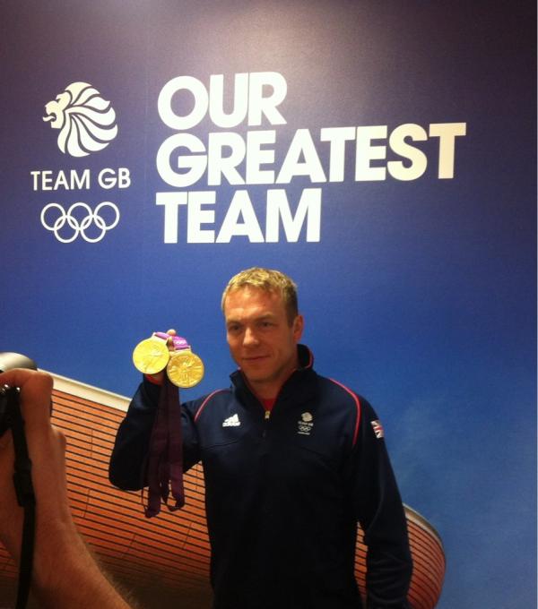 TeamGB's tweet image. [PHOTO] Sir @chrishoy with his two #Gold medals - @TeamGB's most successful Olympian ever! #Cycling #OurGeatestTeam