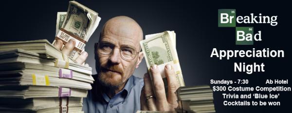 ABGlebe's tweet photo. John our Breaking Bad Appreciation Night Sunday 7:30,300 Costume Competition Trivia and 'Blue Ice' Cocktails to be won! http://t.co/EtP6V32E