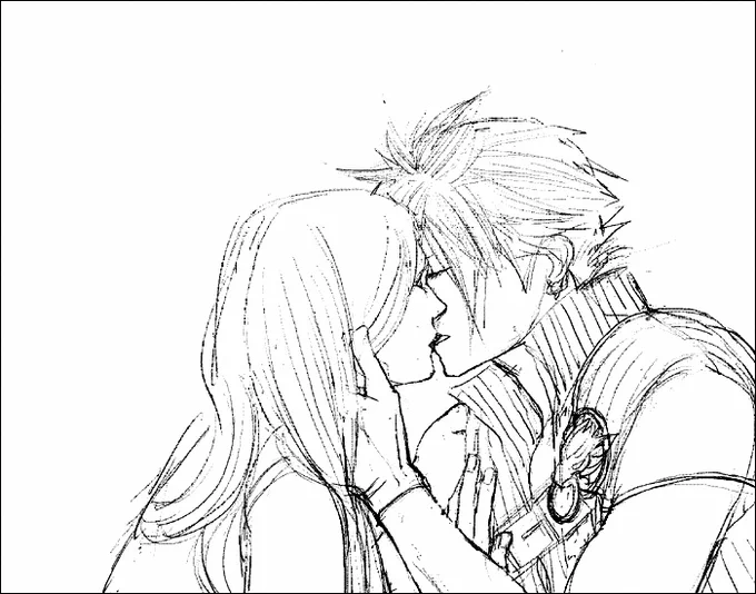 拍手絵の下書き。身を乗り出したり相手を引きよせたり、こういうシーンは描いてて飽きない。拍手絵は丁寧に描いてるから静か～な絵が多いなぁ。セフィとか描いてみようかな。 