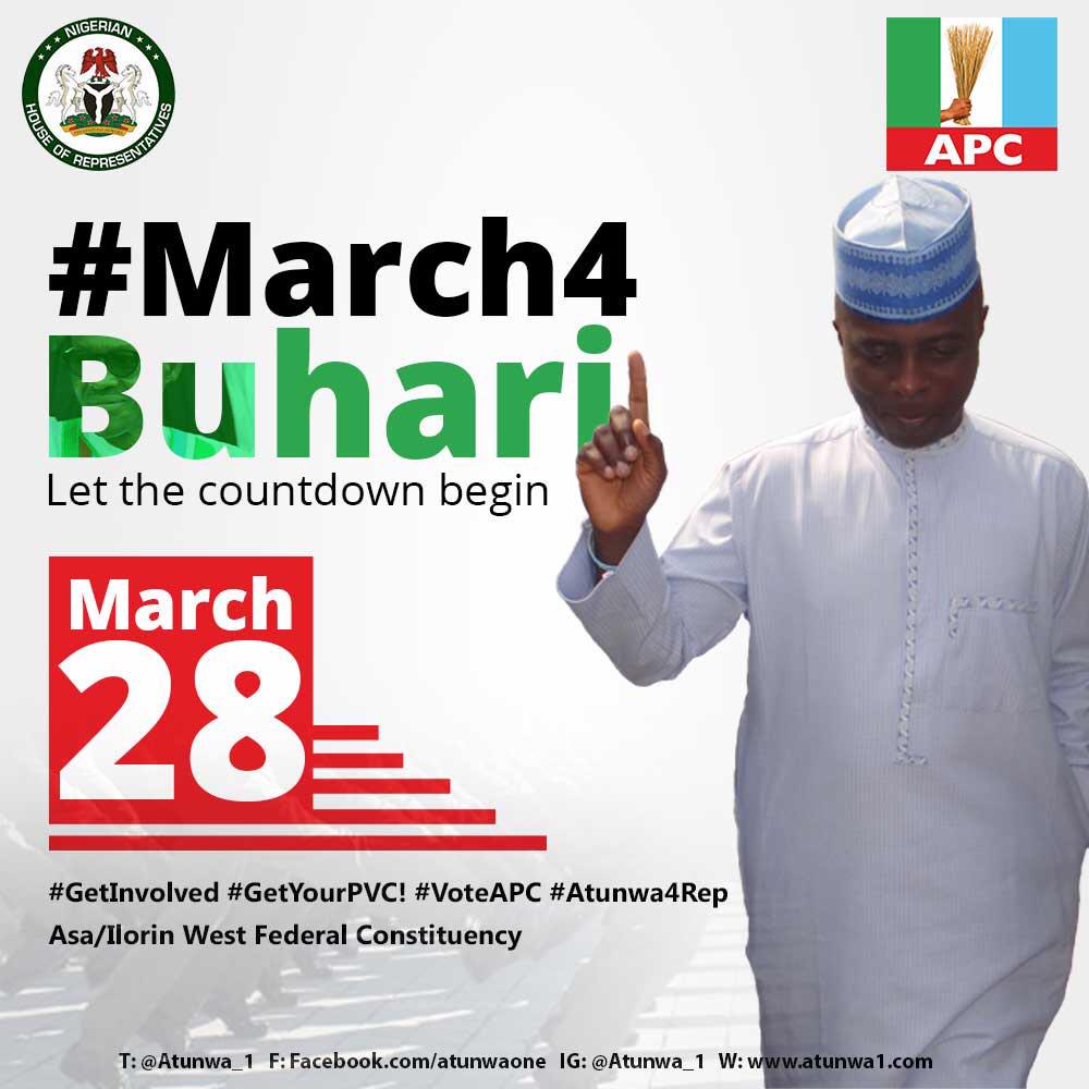 Atunwa_1's tweet photo. Welcome to March! #28Days2Go #March4Buhari #VoteAPC @DOlusegun @RotimiLawale @ogundamisi @atunwa4rep @afobajee http://t.co/RNwsZ6F615