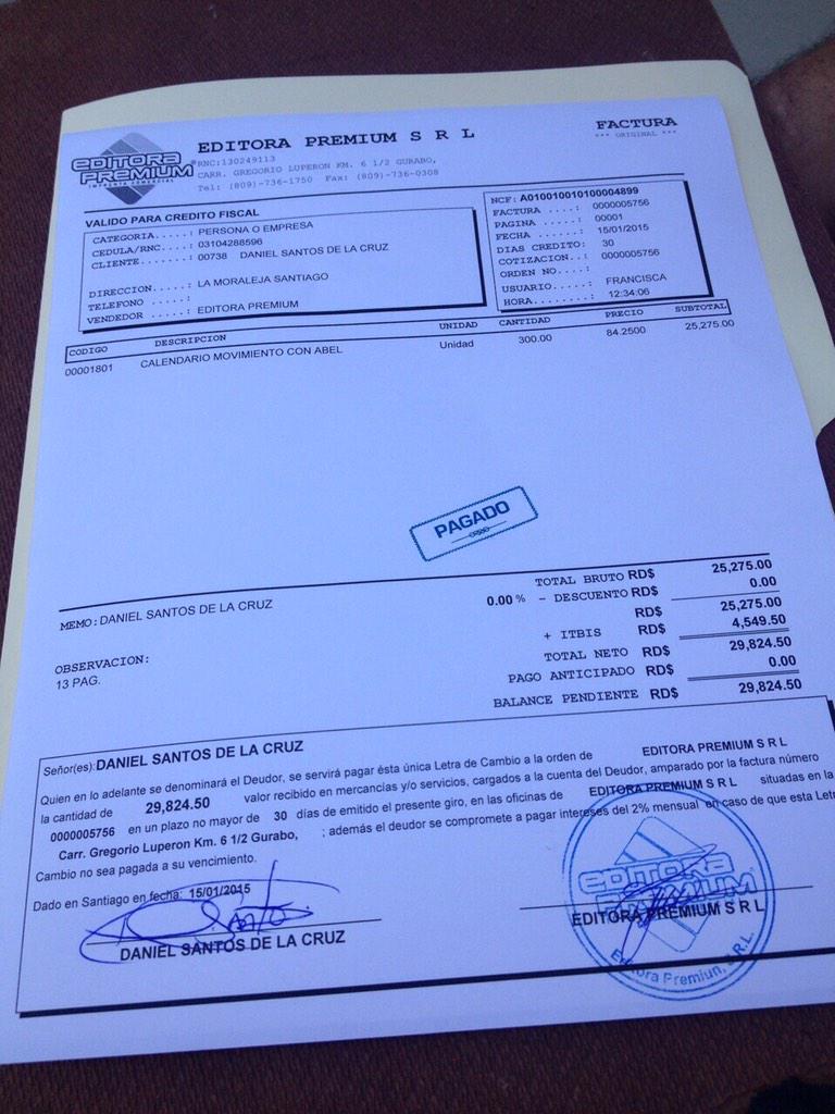 DanielSantosD's tweet photo. .@nuriapiera te reitero el precio de RD$84.20 por unidad de nuestro calendario, aquí la factura. http://t.co/m6HVsw8ouM