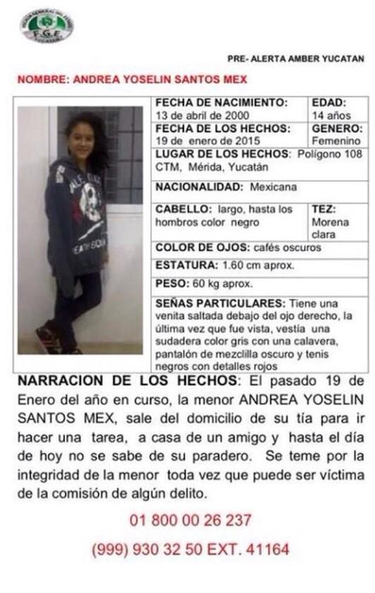 LaAlamedaYuc's tweet photo. #PreAlertaAmber ANDREA YOSELIN SANTOS MEX 14 AÑOS #MERIDA #YUCATAN 19/01/ @fgeyucatan http://t.co/eUMojqtFAd