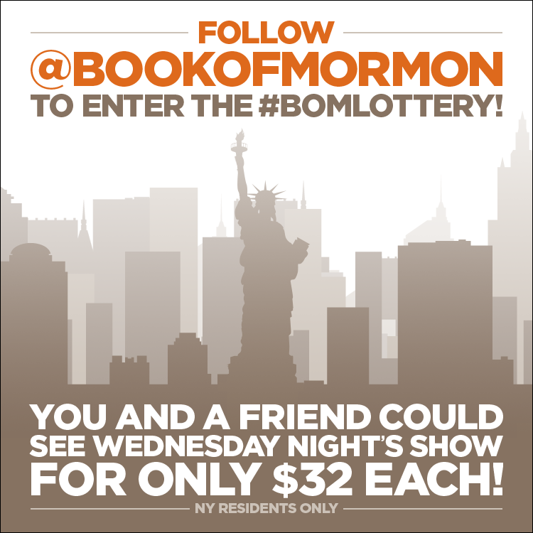 BookofMormon's tweet photo. RT &amp; follow to enter the Broadway #BOMDrawing for WED 4/8! Don't miss out on $32 tix! 18+ NY res only http://t.co/7KeUzPkTEq