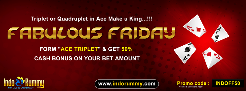 IndoRummy's tweet photo. From "Ace Triplet" &amp; Get 50% cash Bonus on your bet amount only at http://t.co/zEJLR1edBi  Use Promo Code : #INDOFF50 http://t.co/WtsUTJSpv0
