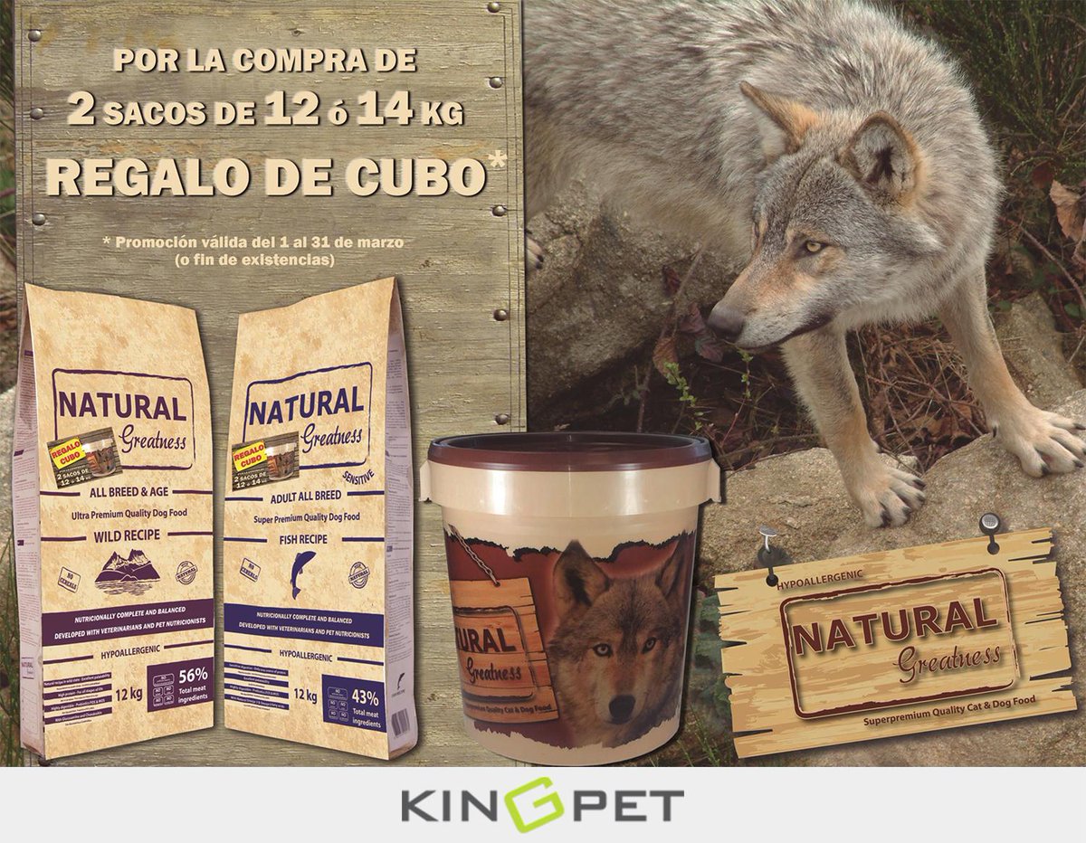 kingpet_es's tweet photo. PROMOCIÓN en Natural Greatness. Por la compra de 2 sacos grandes regalo de un cubo para almacenar el pienso! #perros http://t.co/Fns49An54f