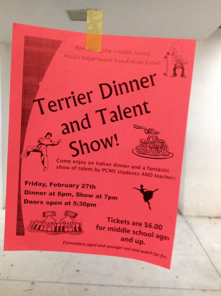 PCMSTERRIERS's tweet photo. Dinner and Talent Show tonight! Come out and enjoy the fun! http://t.co/769c6ZmNh5