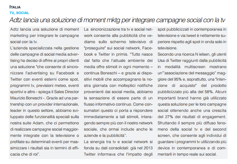 AdglowItalia's tweet photo. Si parla di #AdtzItalia e di #MomentMarketing su @BrandNewsToday di oggi! #socialadvertising #smm #adtz #newfeatures http://t.co/7Zg6vdrpZk