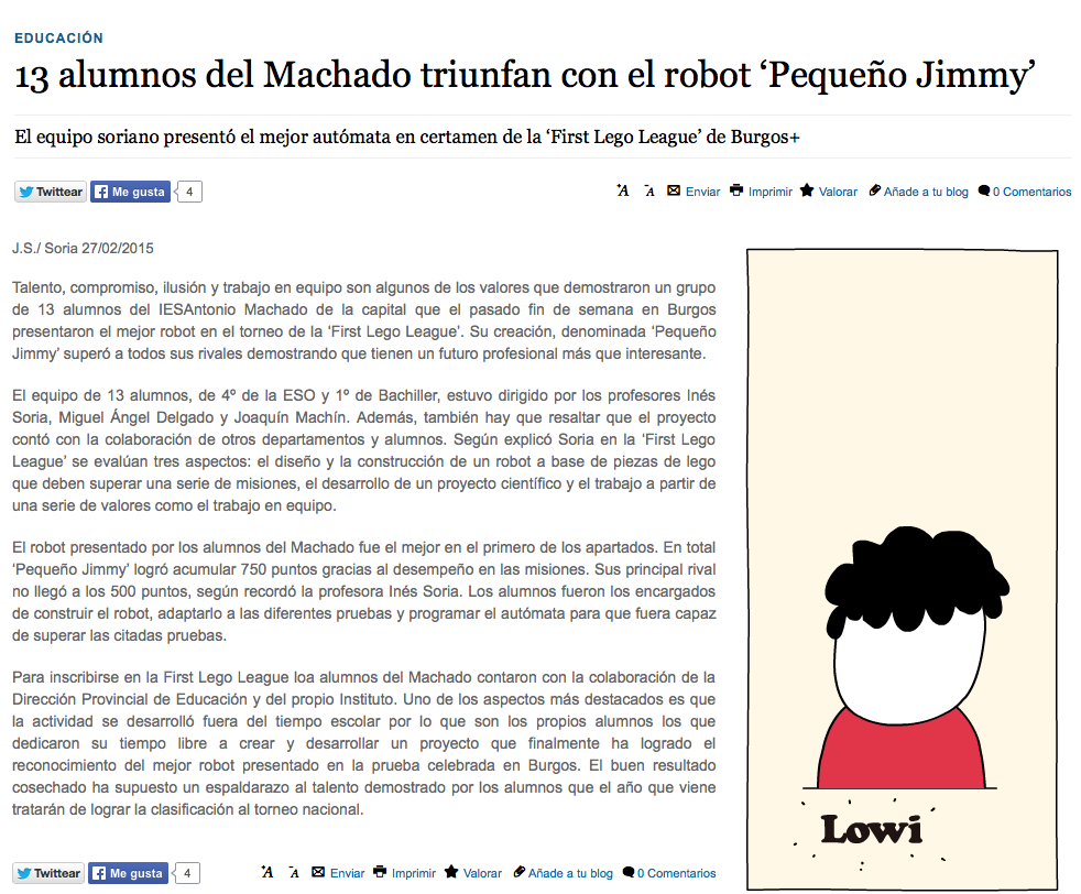 iesmachado's tweet photo. El equipo @LegoAM hoy portada y pág. 7 en @diariodesoria con motivo de #Jimmy en #FLLBurgos  #Gracias #MachadoNews http://t.co/1H3tsr434m