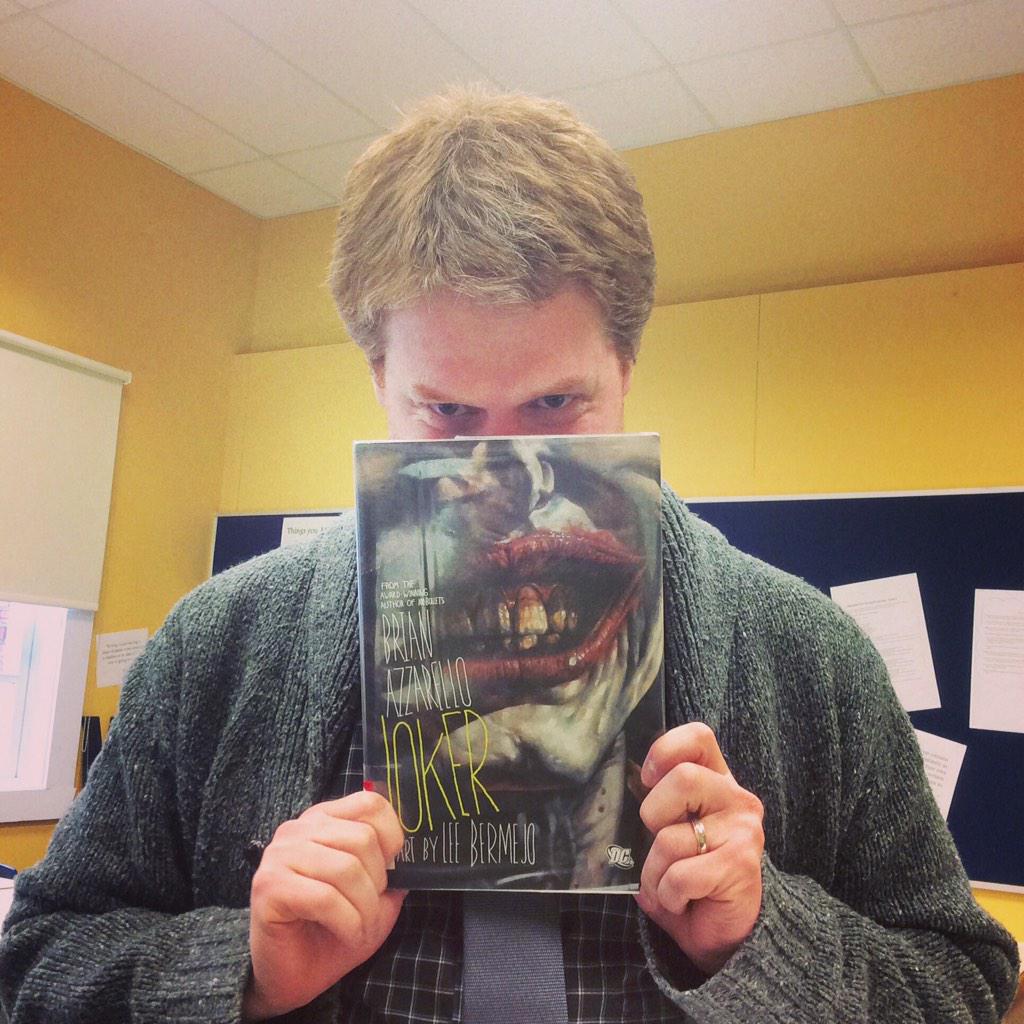 BCS_Library's tweet image. Mr. Crowther joins us again for #bookfacefriday! Here he is as the #joker. #BCSreads #batman #dccomics #whysoserious