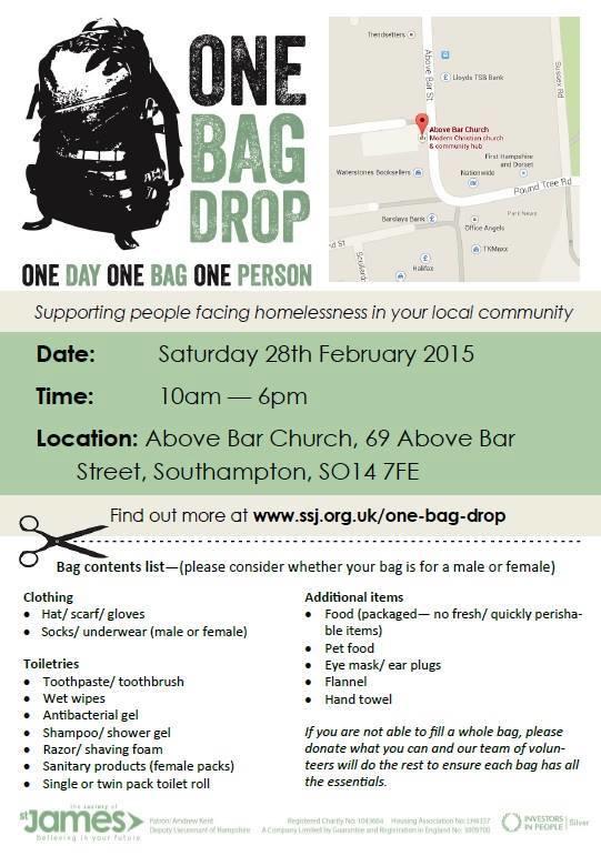 SSJCharity's tweet image. Don&apos;t forget #Southampton it&apos;s our first #OneBagDrop tomorrow from 10-6.
Support local people facing #homelessness