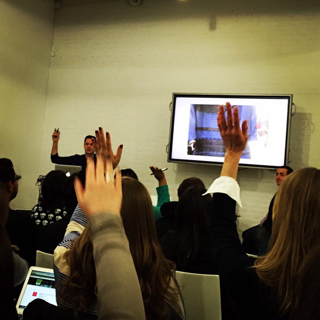 ashleyvactor's tweet photo. #SMWNYC wouldn't be complete w/o an avid debate on whether #TheDress is blue/black or white/gold 😂 thanks @pixable http://t.co/CCymQMcuwt