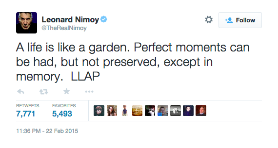 TheWrap's tweet photo. Leonard Nimoy's final tweet, #RIP @TheRealNimoy http://t.co/DmNLiHiNQz