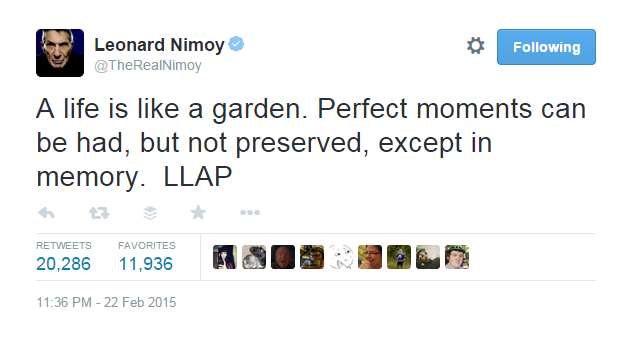YevP's tweet photo. The final tweet from @TheRealNimoy is quite perfect. #LLAP http://t.co/RiShMe8KgR