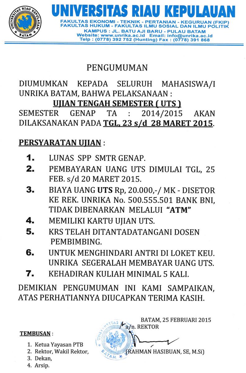 BEMFTUNRIKA's tweet photo. pengumuman UTS http://t.co/bQSOl2Wkxj