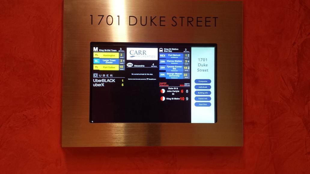 WISHDCMETROhad's tweet photo. Amazing @TransitScreen display at #1701DukeStreet #CarrProperties. They are help to @unsuckdcmetro. http://t.co/9k2RJzZEEZ