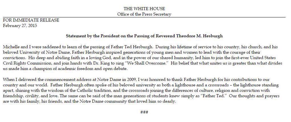 NotreDame's tweet photo. The @WhiteHouse issues a statement on Fr. Ted's passing. http://t.co/me7g5l8334